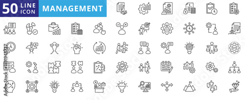 management icon pack outline contains objective, coordination, improvement, operation, evaluation, compliance, stakeholder, culture, productivity, training, financial, cost, communication, control