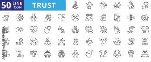 trust icon set outline contains authenticity, integrity, transparency, dependability, commitment, accountability, openness, respect, security, safety, assurance, reputation, goodwill, truth, sincerity