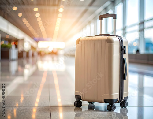 Close Up of Travel Suitcase in Airport Terminal with Blurred Background