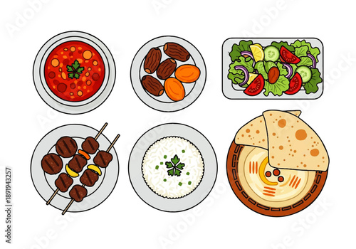 Flat design illustration vector of a variety of Middle Eastern dishes on plates, including kebabs, salad, and flatbread, against a clean white background with a colorful and appetizing mood.