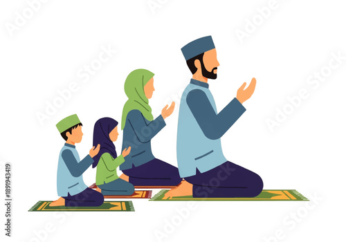 Flat design illustration vector of a Muslim family praying together in a serene and peaceful atmosphere with colorful prayer mats.