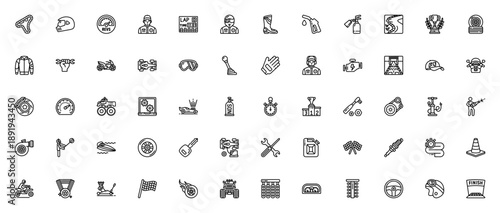 Motor sports icon set. Vector racing symbols collection. Includes race track, helmet, trophy, racing car, motorbike, pit stop, tools, flag and more. Editable stroke.