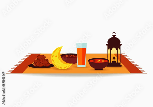 Flat design illustration vector of a colorful iftar setting with traditional food and drink on a decorative mat.