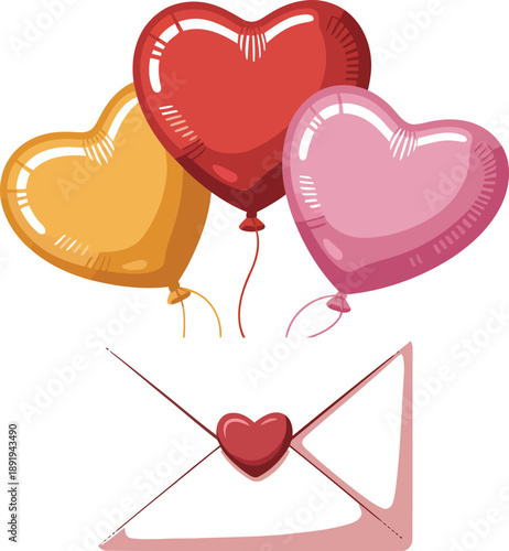 Romantic love letter with colorful heart-shaped balloons, a cheerful vector illustration. isolated on transparent background