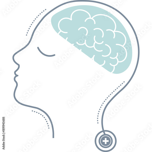 A head silhouette with a brain inside, surrounded by icons for health, love, mechanics, and speech. It represents the holistic connection between mental health and life functions.