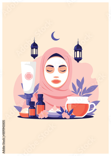 Woman in Hijab Enjoying Skincare Routine with Tea and Beauty Products.