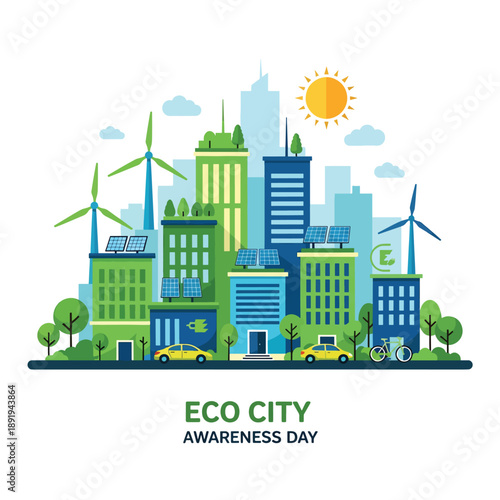 Eco-friendly cityscape with green buildings and renewable energy