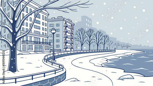 Coastal city frozen during extreme snowstorm, sea partially frozen, cold and silent atmosphere.