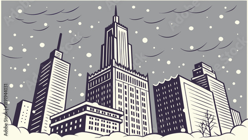 An urban center with scratches encased in layers of ice, dense snowflakes, and a dramatically cloudy sky.