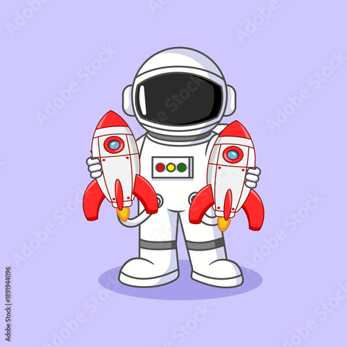 Cute Astronaut Holding Two Rockets Vector Illustration Cartoon Design