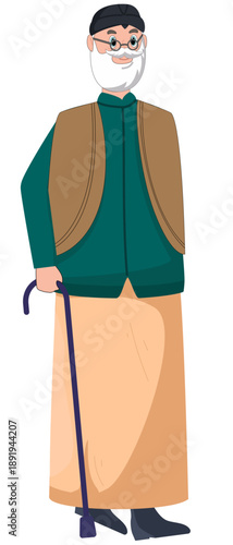 Elderly Gentleman's Gentle Stroll: An elderly gentleman with a serene expression and a neatly groomed white beard is captured, dressed in cultural attire, relying on a walking stick for support.