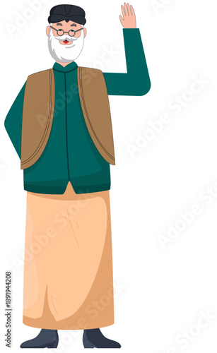 Greeting Gesture: An elderly individual, dressed in traditional attire, extends a welcoming hand, embodying warmth and heritage, representing respect for age and culture.