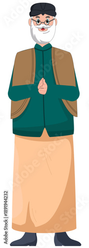 Elderly Wisdom: An illustration capturing a distinguished elder, embodying knowledge and serenity, stands with a warm and welcoming gesture. 