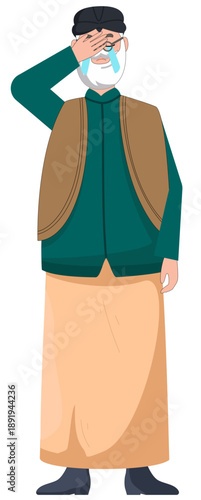 Elderly Portrait: An elderly individual, cloaked in traditional attire, covers their eyes. It's a snapshot of age, tradition, and possibly contemplation.