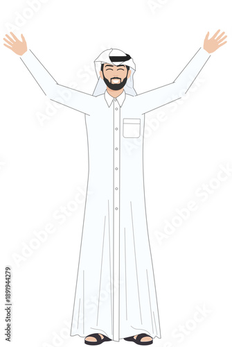 Embracing Tradition: A Middle Eastern man, adorned in a pristine white thobe and keffiyeh, extends his arms in a gesture of open-hearted warmth, showcasing the elegance of his attire.