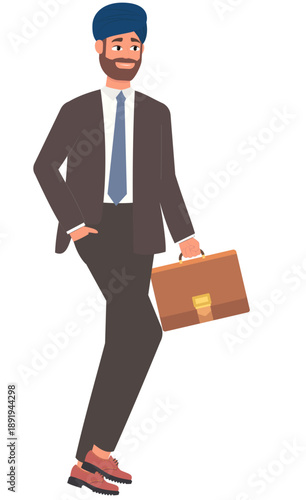 Sophisticated Professional in Business Attire: A distinguished gentleman, exuding confidence, strides purposefully, carrying a briefcase. Dressed impeccably in a tailored suit and tie.