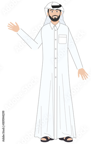 Arab Man in Traditional Attire: A distinguished gentleman, clad in the customary white garment and head covering, extends a welcoming hand, embodying the spirit of hospitality and cultural heritage.