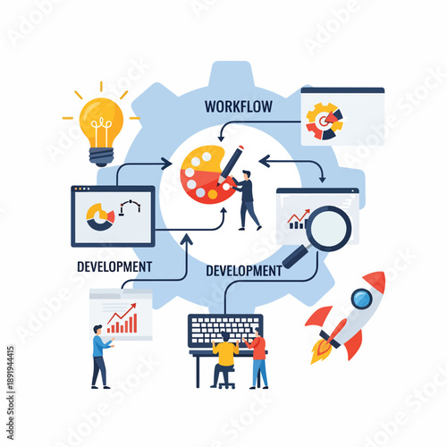 Workflow and development process infographic with people working together