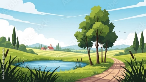 Scenic landscape illustration featuring trees pond and rolling hills