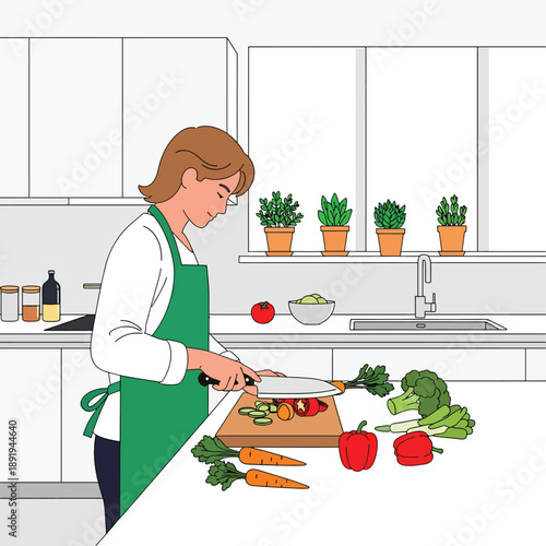 A woman in a green apron prepares vegetables in a kitchen