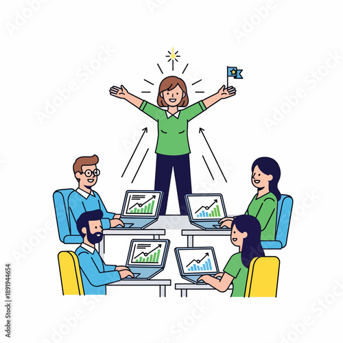 A woman presents to colleagues around a table with laptops