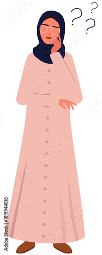 Puzzled Thoughts: A thoughtful individual, adorned in modest attire, is lost in contemplation, with query marks hovering overhead, symbolizing introspection and uncertainty.