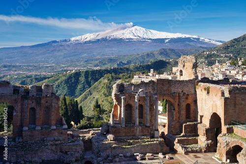 View of Mount Etna from the Ancient theatre of Taormina.