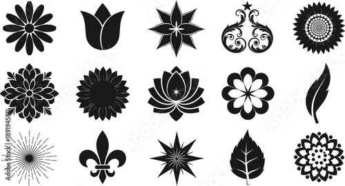 Floral symbol silhouette vector set with decorative flowers leaves and geometric ornamental shapes isolated on white background illustration