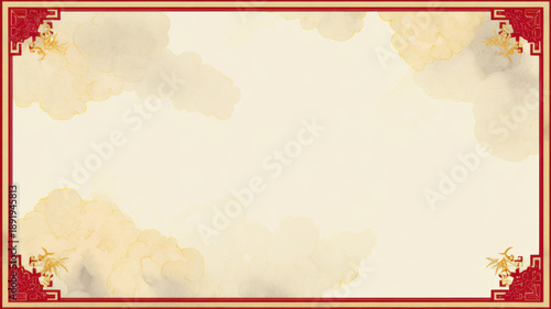 Chinese traditional lunar new year Spring Festival celebration in Asia. A vibrant red and gold frame with intricate designs, set against a backdrop of fluffy white clouds.