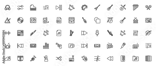 Music icon set. Vector illustration pack featuring headphones, piano, guitar, violin, drums, microphone, speaker, radio, and more musical instruments and symbols. Editable stroke.