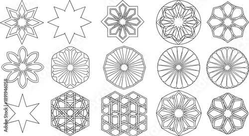 Geometric mandala vector icon set with starburst circular patterns and intricate ornamental line art