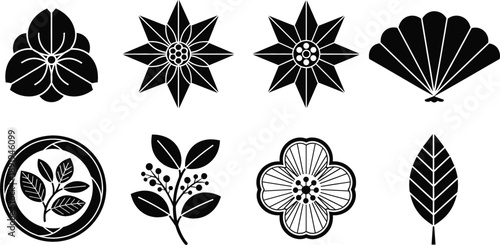 Floral decorative silhouette vector set with flowers leaves and ornamental botanical symbols isolated on white background illustration
