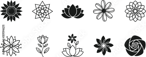 Floral icon vector set with decorative flowers lotus roses and geometric botanical symbols isolated on white background illustration