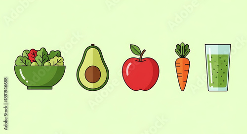Healthy food icons including a salad bowl, avocado, apple, carrot, and a glass of juice on a light green background
