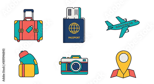 Collection of travel and adventure icons, including luggage, passport, airplane, camera, and map marker, representing holidays and journeys