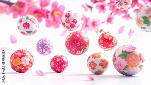 おひな祭り　手まりのオーナメントと桃の花の背景