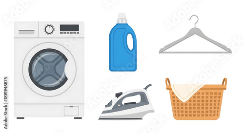 A clean laundry setup with a washing machine, iron, detergent, hanger, and laundry basket