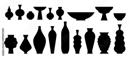 Ceramic. Diverse collection of vase silhouettes collection, pottery shapes and bowls. Simple vector illustration, isolated.