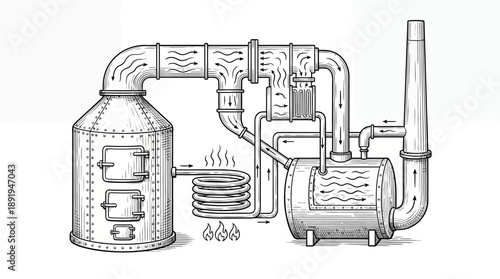 Distillation Process, Industrial Equipment, Workshop, Illustration, Engineering, Close-up, Manufacturing Concepts