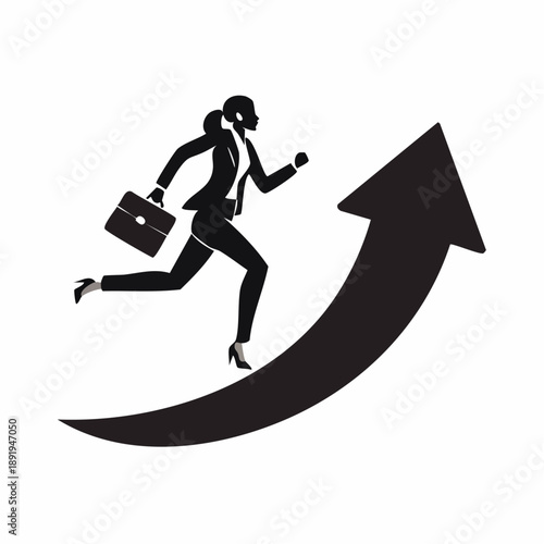 Silhouette of a businesswoman running up a large arrow, symbolizing career growth and business progress.