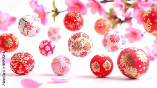 おひな祭り　手まりのオーナメントと桃の花の背景