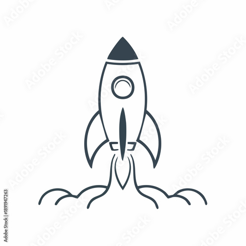 A simple line art illustration of a rocket launching into space with smoke trails from its engine.