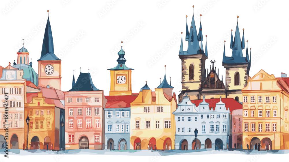 Obraz premium Old Town Square in Prague. Old Town Square in Prague watercolor vector illustration