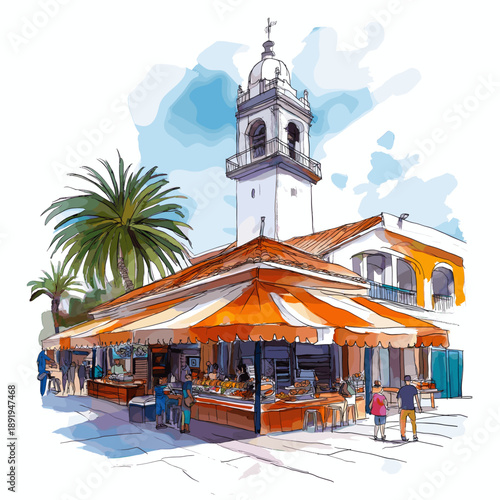 Mercado del Puerto. Mercado del Puerto hand drawn watercolor illustration