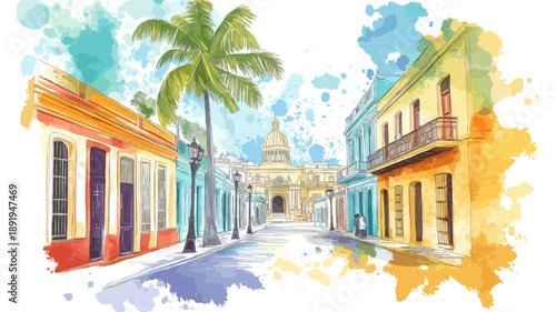Havana Old Town. Havana Old Town hand drawn watercolor illustration