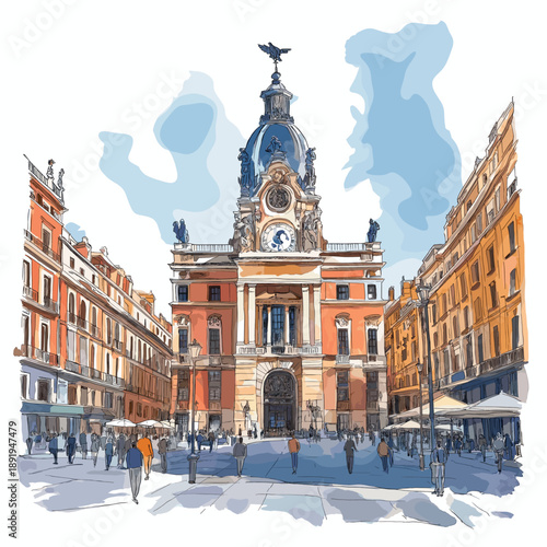 Plaza Mayor in Madrid. Plaza Mayor in Madrid watercolor vector illustration