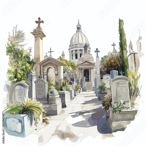 Recoleta Cemetery. Recoleta Cemetery hand drawn watercolor illustration