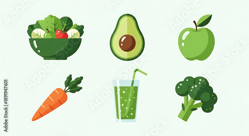 Healthy food icons including a salad, avocado, apple, carrot, green smoothie, and broccoli, perfect for nutrition and wellness themes