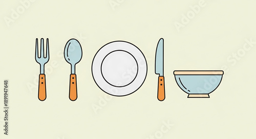 Minimalist line art illustration of a full dining place setting with a fork, spoon, plate, knife, and bowl, representing mealtime and kitchenware essentials with a modern design