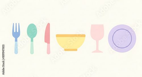 Colorful minimalist flat design of essential dining tableware, including a fork, spoon, knife, bowl, glass, and plate, ideal for food and kitchen themes